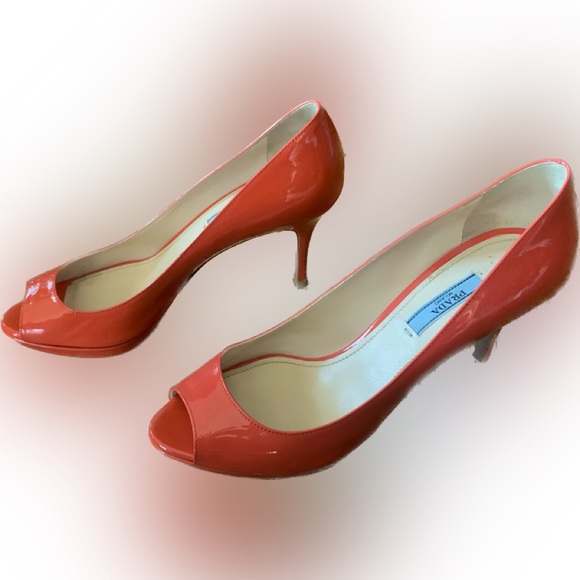 Prada 1KP159 coral patent leather peep toe pumps heels shoes 37.5 Womens 7 W Box - Picture 8 of 14